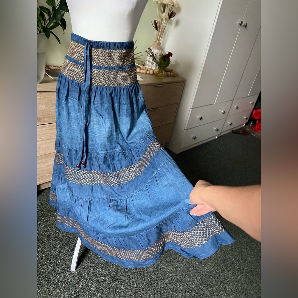 Denim High-Waist Stretch Elastic A-Line Tiered Prairie Skirt Contrast Stitching